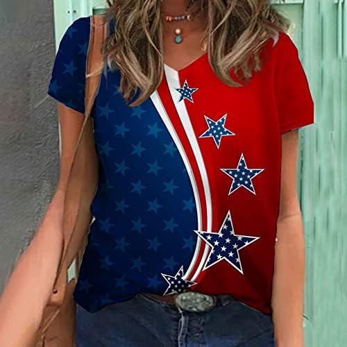 На 4 юли 2023, Тениски за Жени, в началото на с Американския Флаг, Тениска с V-образно деколте, Къс Ръкав, Свободни