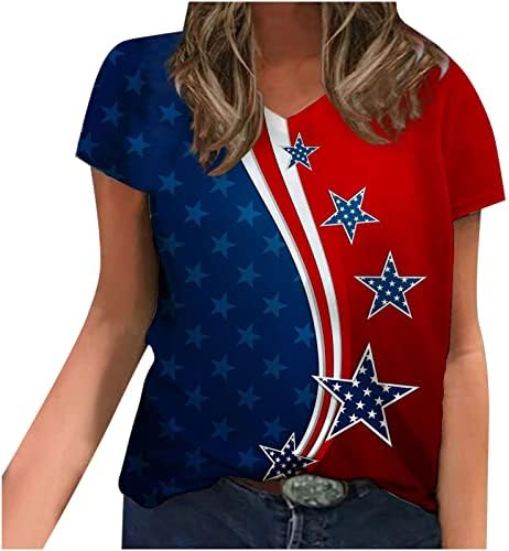 На 4 юли 2023, Тениски за Жени, в началото на с Американския Флаг, Тениска с V-образно деколте, Къс Ръкав, Свободни Ежедневни