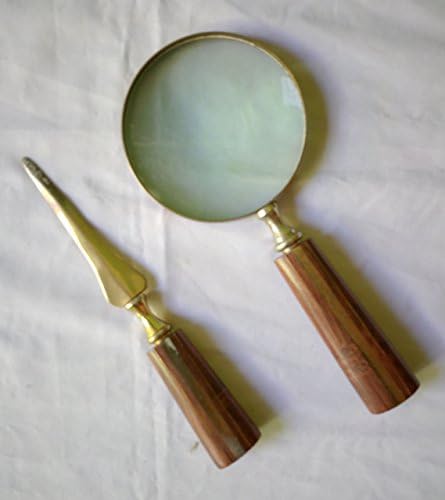 Ръчна лупа с 3-инчов Увеличително Стъкло Премиум-клас в Месингова рамка с Дървени Резбовани дръжка, Ръчно изработени и с Нож