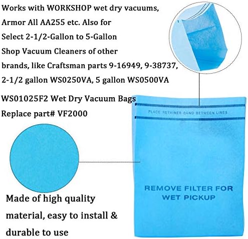 Филтър WS01025F2 за влажна сушене, съвместим с цеховыми пылесосами Обем от 2-1/2 до 5 литра, с удерживающими панделки Заменя VF2000 (12 опаковки)