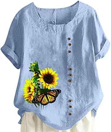 Тениска с изображение на Слънчоглед за Жени, Бельо Памучен Риза Свободно, Намаляване, Блузи с Къс Ръкав, Ежедневна