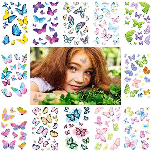 Временни Татуировки VIWIEU с Блестяща Пеперуда за деца и Момичета, 12 Листа, Цветни 3D Искрящи Пеперуди, Водоустойчиви
