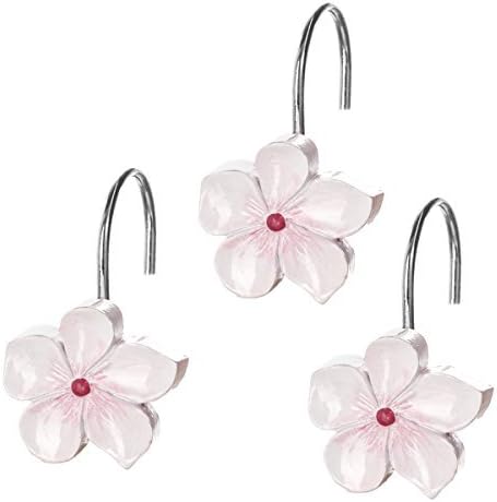 Куки за пердета Creative Scents-White за душ - Комплект от 12 куки за завеса от бели и розови цветя - Декоративни