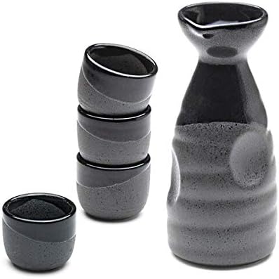 Порцеланов комплект за саке в Прозрачна глазура, 1 Бутилка и 4 Чаши (Сив и черен)