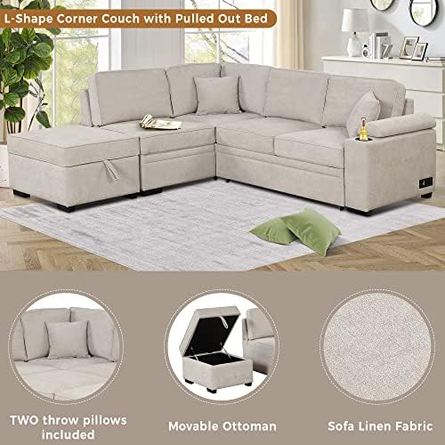 Merax L-Образна форма на Секционни диван-Канапе-легло с Пуфиком за съхранение на нещата и Шезлонг за Всекидневната, Малки