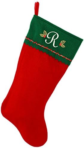 Първоначално Коледни Чорапи с бродирани мен монограм, Зелено и Червено фетр, Инициал R