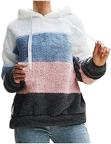 Дамски Ежедневни Свободни Широки Блузи с Цветен Блок, Зимата на Топло Пухкав, мек вълнен плат Пуловер, Hoody