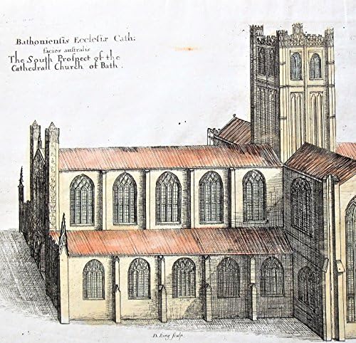 Старинна гравюра върху мед: Bathoniensis Ecclesiae Cath. Австралийски фасада. Мрачна перспектива на църквата Бата.