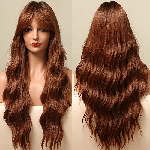 Basha каштаново-червен, мед, червено, дълъг съраунд вълнообразни перука от естествена коса, за жени, средната част е с бретон