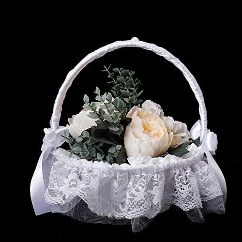 MIAOHY Сватбена Кошница с цветя за момичета, Бяла Цвете кошница с Изкуствена Розова Панделка, лък и пайети (Цвят: бял, размер: