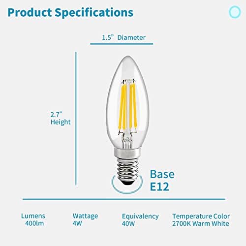 Лампи с нажежаема жичка GECTMLF 4W E12, Led Edison под формата на sconces свещ, Еквивалент 40W 400LM, Топъл