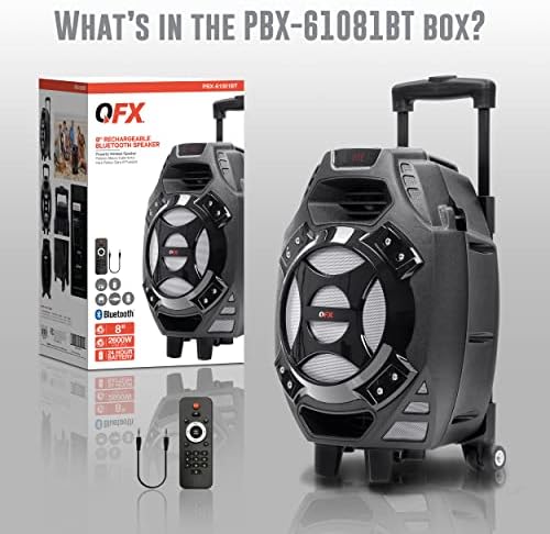 QFX PBX-61081-Сребрист Акумулаторна батерия за преносим високоговорител | 8-инчов нискочестотен говорител | 2600 W | Bluetooth, AUX вход, SD карта, FM радио | Дръжка, колела, 12 паунда|, и