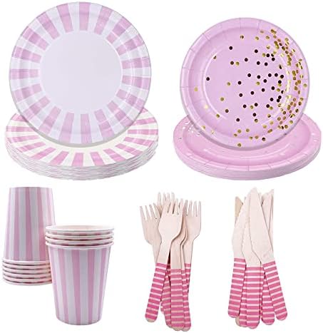 Аксесоари за парти по случай рождения ден - Розово и бяло украса за рожден Ден - Набор от ястия включва: Супени чинии, Десертни чинии, Чаши, Вилици, Ножове и Банер – Ак