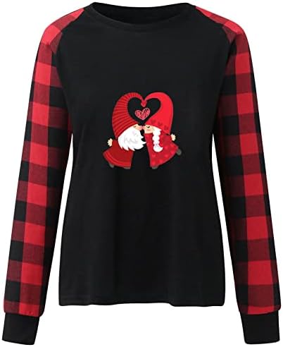 Ризи за Свети Валентин Дамски Блуза Love Heart Графична Тениска С Дълъг Ръкав Срастването Buffalo Кариран