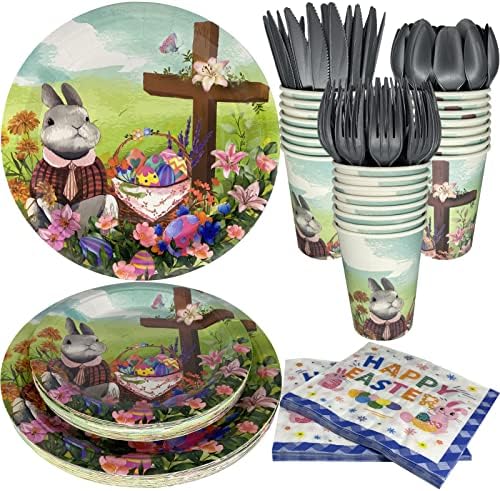 Комплект Великденски чинии и салфетки, за Еднократна употреба Дизайнерски Книжен прибори за парти с яйца за 24 човека,