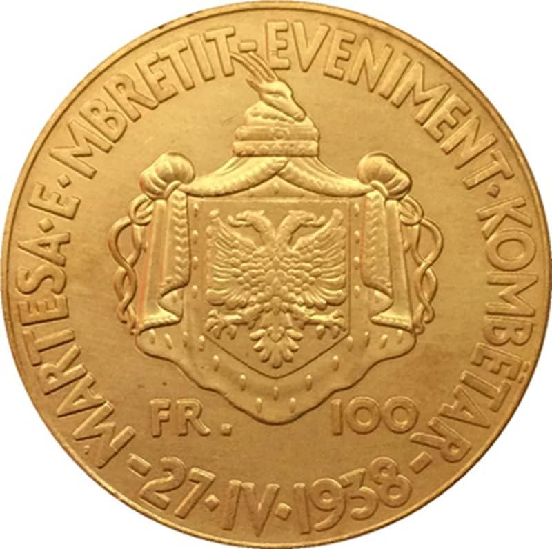 35 ММ Чиста Мед Позлатен Стара Сребърна Доларова Монета Албания Монета 1938 Занаят