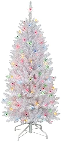 Изкуствена Коледна елха Puleo International с предварителна подсветка 4,5' Молив Fraser Fir със 150 Крушки, Бяла