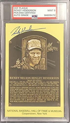 Рики Хендерсън подписани пощенска Картичка със златна табелка HOF Жълт цвят NYY PSA /DNA Auto Mint 9 - MLB С Разположени Надписи