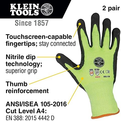 Работни ръкавици Klein Tools 60186, Устойчиви На гумата, с рейтинг ANSI A4, сензорен екран, Големи, 2 чифта