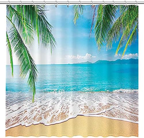 Allenjoy Тропическа Пясъчна Завеса За Душ Лятна Морска Сцена Океана Остров Палма Декорация на Банята душ Завеса Здрав
