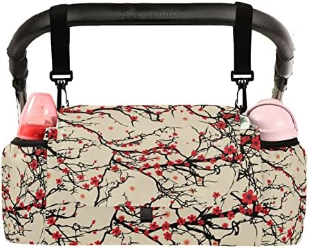 Sinestour Японски Органайзер за колички Cherry Blossom с Подстаканником Универсална Чанта-Органайзер за Колички Аксесоари Сваляща се Презрамка за Колички за Памперси Телефо