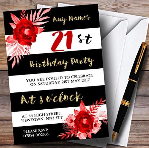 Черно-Бели Райета Златисто-Червени Цветя на 21-та Персонални Покани На Парти по случай рождения Ден