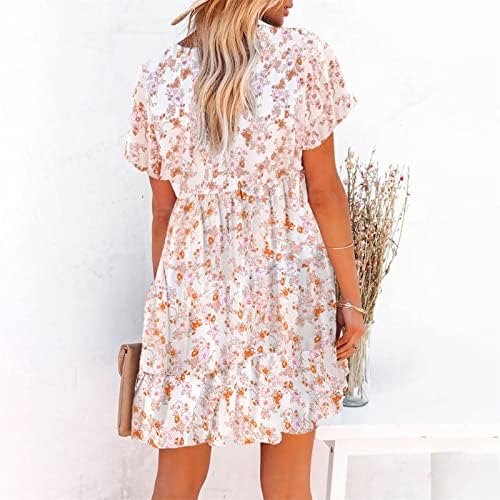 Сладки sundresses за жени, лятно коварен свободно женствена рокля на цветчета, пуловер с V-образно деколте, къси летни рокли