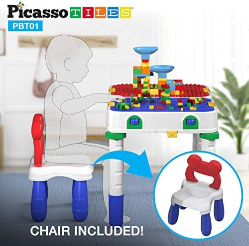 Комплект детски игрални маси и столове PicassoTiles с място за съхранение, 331 бр. строителни блокове и Мраморна пътека,