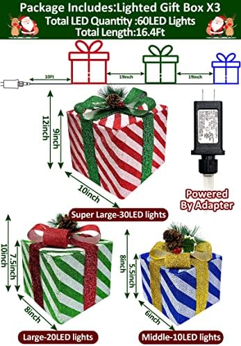 [Супер Големи 12-10-8] 3 бр. Коледни Подаръчни кутии с осветление, Орнаменти, 60 led Адаптери, Подарък Кутия