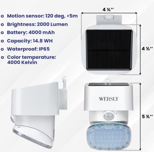 Слънчев сензор за движение WERSLY осветява открит водоустойчив бяло супер ярки, трайни и дълго време на работа, регулируема посока, 3 режим на движение. Сензор за движе