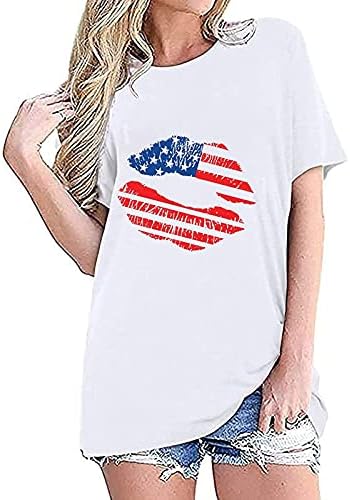 Ризи 4 юли за Жени, Лятна Тениска с Надпис Ден на Независимостта, Върхове с Принтом Устни с Флага на сащ, 2023,