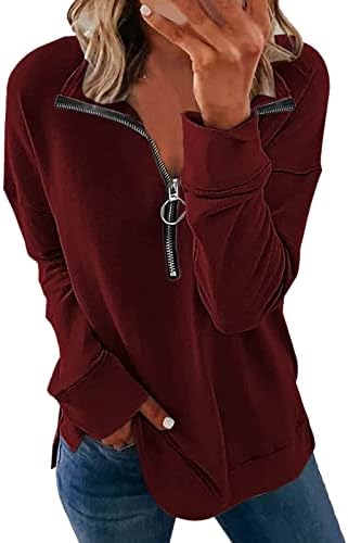 IIUS 1/4 Hoody с цип, Дамски Пуловер на една Четвърт от мълния, Блузи, Свободен Пуловер с V-образно деколте и дълги