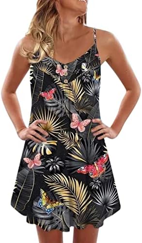 Дамски летни цветни плажни рокли, ежедневни с V-образно деколте без ръкави на спагети презрамки сарафан туника