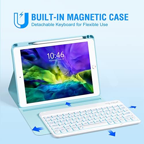 OYEEICE Калъф за iPad 9-то поколение с клавиатура, 10,2-инчов Въртящ се Магнитен калъф с Подвижен цветен клавиатура с подсветка, за iPad 9/8/7-то поколение (2021/2020/2019), Air 3-ти (2019), iPad