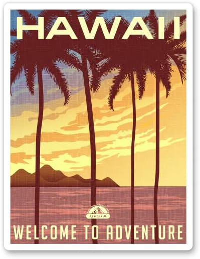 Стил плакат за пътуване Squiddy Hawaii - Vinyl Стикер за телефон, лаптоп, бутилки за вода (на височина 3 инча)