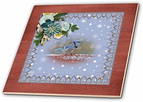 Триизмерна фотография Сини сойки на снега, Растителен дизайн, теракота рамка - Теракот (ct_353686_1)