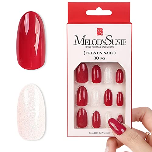 MelodySusie Press on Nails Къса режийни ноктите средно са бадем форма, с по един естествен и елегантен външен вид,