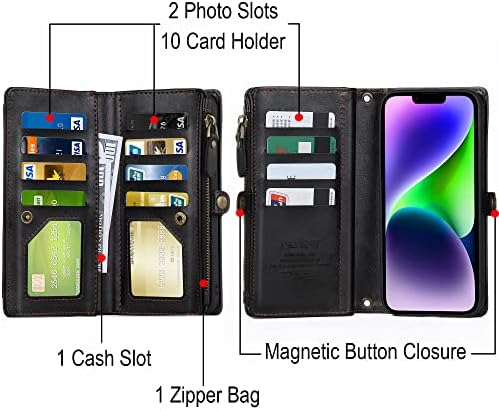 Чанта-портфейл DKDKSIP за iPhone 14 за жени, който Поддържа Безжично зареждане с държач за карти с RFID заключване, Кожен Сменяем Магнитен калъф за телефон с цип 2 в 1 с каишка-w