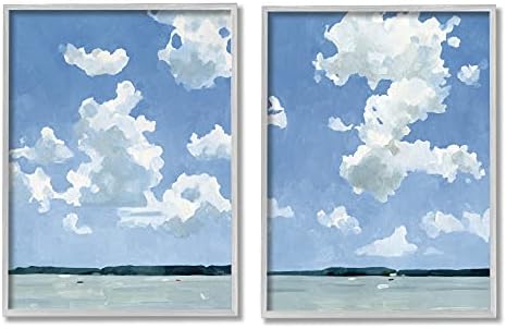 Stupell Industries Светъл Облачное Небето, Воден пейзаж на езерото Летен ден, Дизайн на Ема Каролин Грей, Стенни рисунки в рамки, 2 бр., на Всеки 11 x 14, синьо