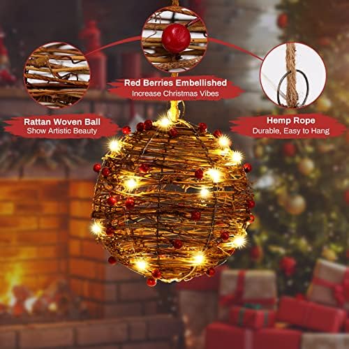 Коледна Топка за Целувки Roylvan, Окачен на Топката от Ратан с 20 светодиода, Коледна Декоративна Лампа с Червени