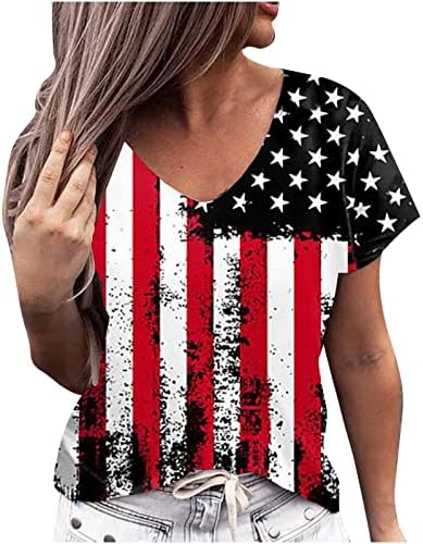 Тениска за Жени, Летен Пуловер с V-образно деколте и Къс Ръкав, Блузи с Принтом на Деня на Независимостта, Юбилейна Тениска,