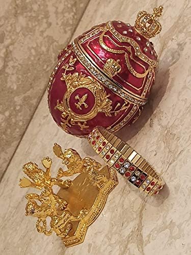 Луксозен Голям Царски Лъв яйце на Фаберже, Червена кутия за украшения, колие с яйце Фаберже и ГРИВНА с рубин от 24-каратово злато, Руски набор от Фаберже яйца, Австрий