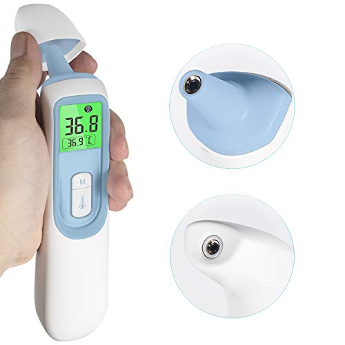 Инфрачервен термометър за уши/Челото на дете, възрастен или Бебе, измерване за 1 секунда и 4-цветен дисплей с осветление и индикатор за температурата