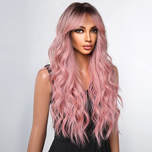 Перуки от розови коса, за жени, дълга къдрава перука с бретон, синтетични перука омбре, топлоустойчива прекрасни перуки,
