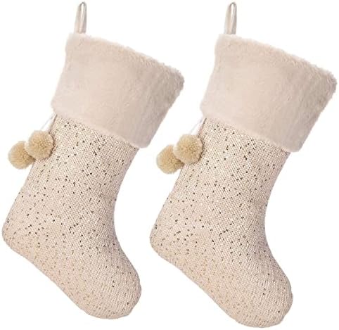 iPEGTOP 2 броя 18Луксозен Вълна Коледни Чорапи, 38 см Цвят Шампанско, Златни Вълнена Вязаная Луксозна Вълнена Пола за Коледната Елха