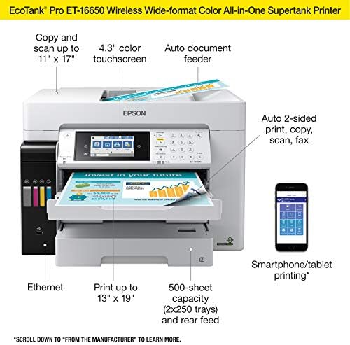 Epson EcoTank Pro ET-16650 Безжичен Широкоекранен Цветен универсален принтер Supertank със скенер, копировальным апарат, факс