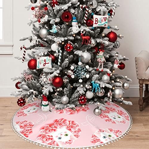 Пола за Коледната елха с тапицерия от помпонов, Коте, Розово-Информираност-Празнична Коледна Украса за дома от лента 48