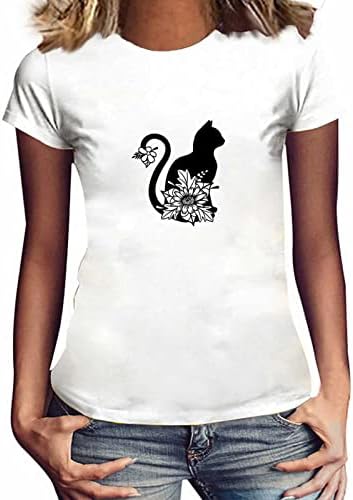 Дамски Хубава Тениска, Потник за момичета, Тениска С образа на Привлекателен Котка с Къс Ръкав и кръгло деколте,