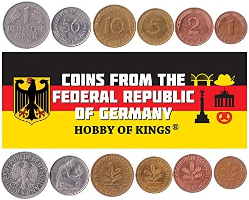 7 Монети от Германия | Набор от немски монети Колекция 1 2 5 10 50 Пфеннигов 1,5 Немска марка | В обращение 1990-2001 | Орел | Фиданка Дъб