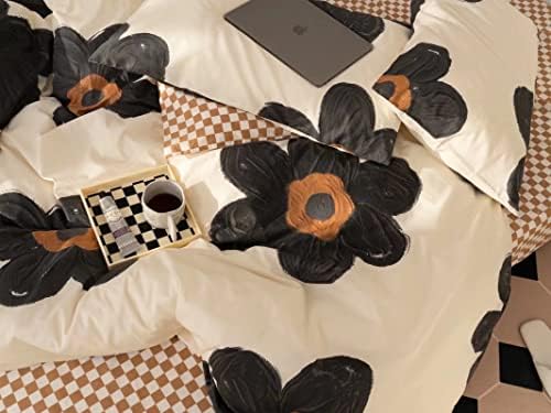 Houseri Черен Цветен Комплект Одеяла Queen За Жени, Момичета 3D Цветя Бежово-Бели и Черни Комплекти Спално бельо